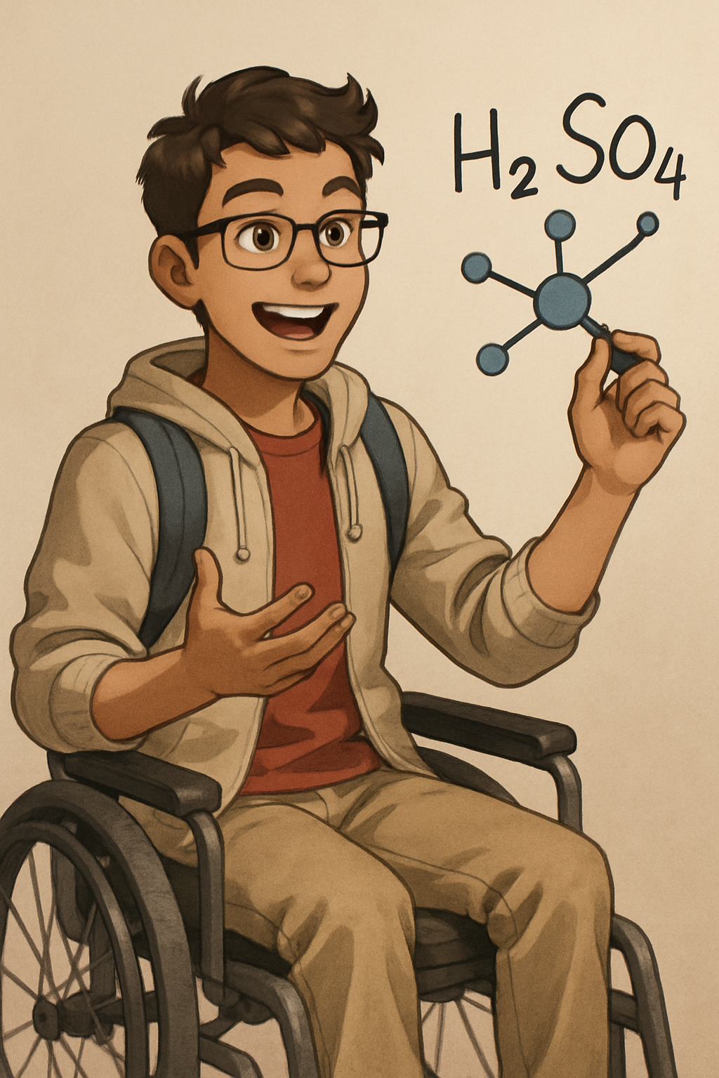 Avatar de um estudante cadeirante sorrindo e explicando química.