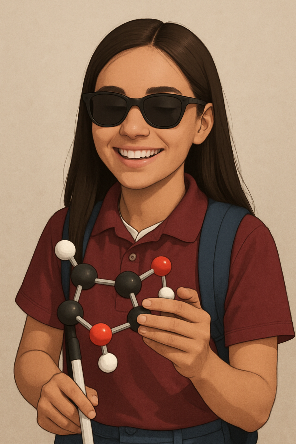 Avatar de uma estudante com deficiência visual, sorrindo e segurando um modelo molecular tátil.