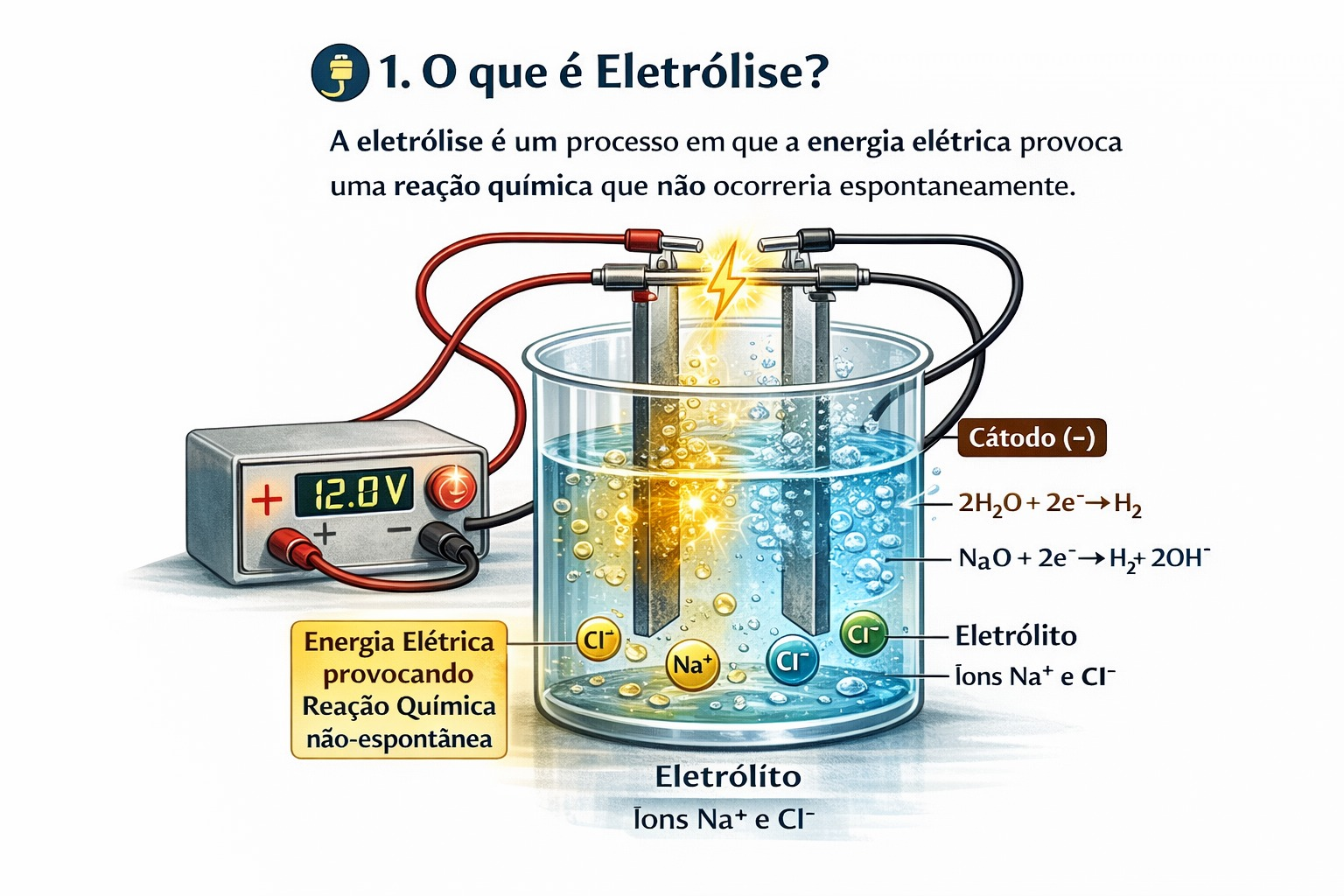 Diagrama esquemático de uma célula eletrolítica