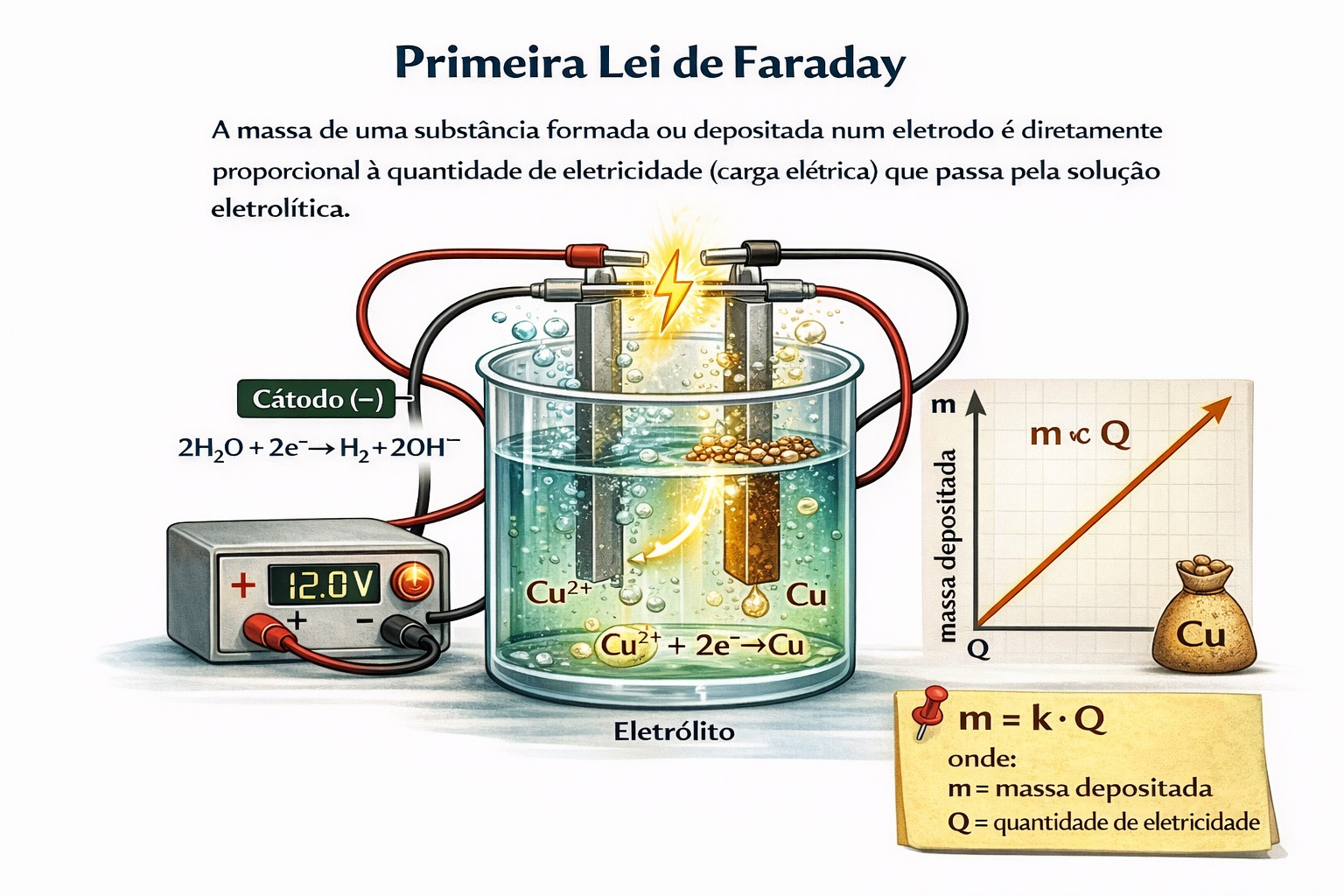 Diagrama da eletrólise da água mostrando dois eletrodos em solução aquosa com H2SO4, com formação de gás hidrogênio no cátodo e gás oxigênio no ânodo, conectados a uma fonte de energia