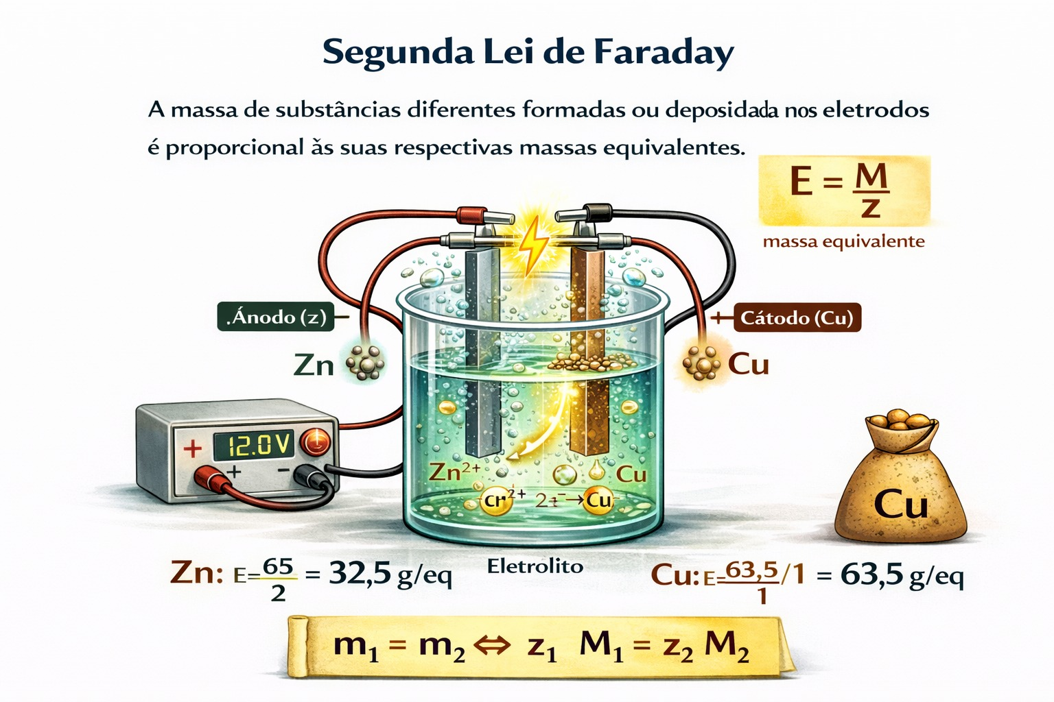Diagrama da eletrólise da água mostrando dois eletrodos em solução aquosa com H2SO4, com formação de gás hidrogênio no cátodo e gás oxigênio no ânodo, conectados a uma fonte de energia