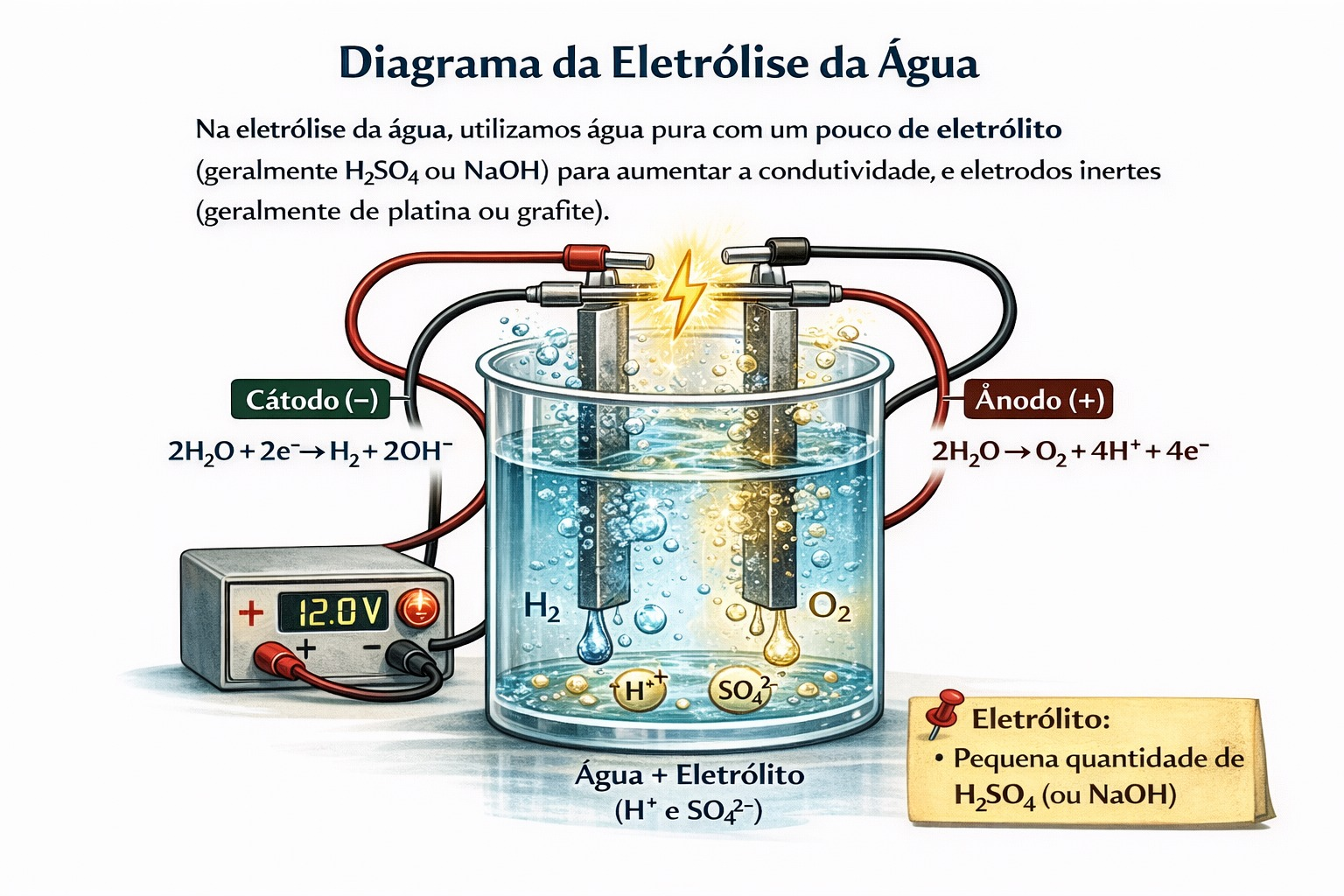Diagrama da eletrólise da água mostrando dois eletrodos em solução aquosa com H2SO4, com formação de gás hidrogênio no cátodo e gás oxigênio no ânodo, conectados a uma fonte de energia