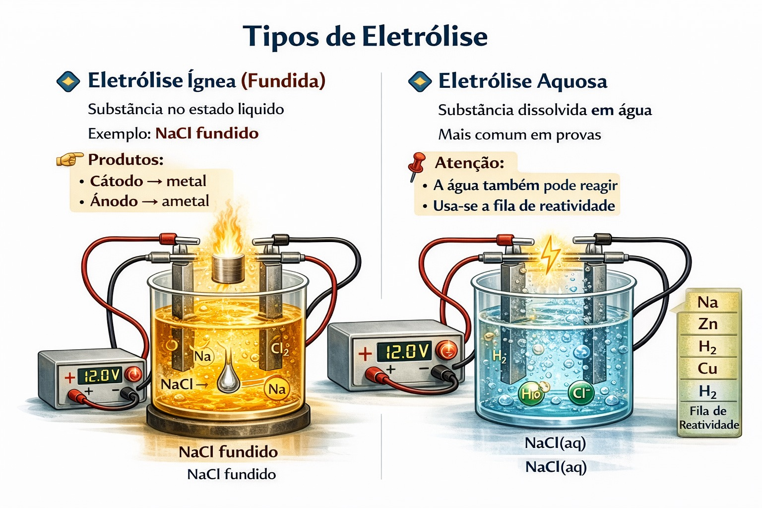 Diagrama de uma célula eletrolítica para eletrólise aquosa